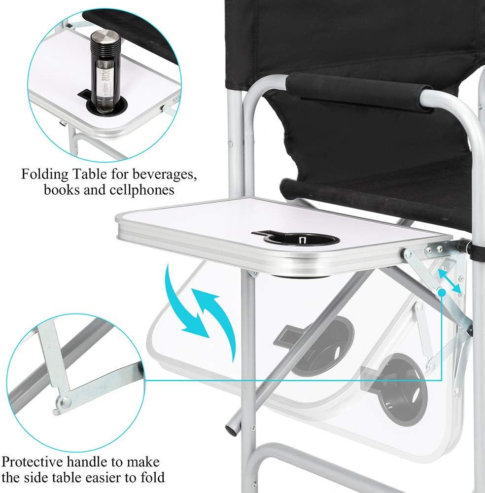 Folding Camping Tall Directors Chair with Side Table, Foldable Portable Makeup Artist Chair, Black