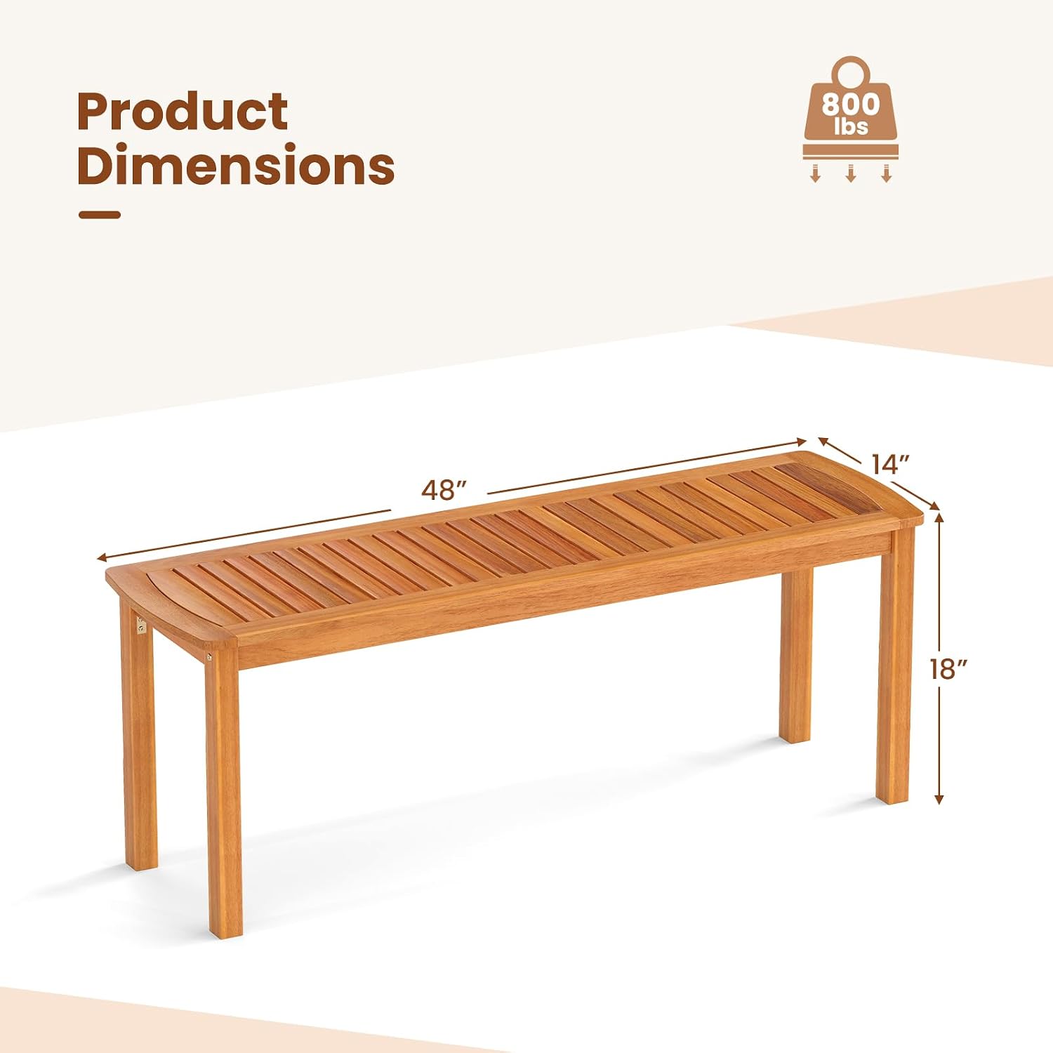 RELAX4LIFE Wood Patio Outdoor Bench - 48’’ Backless Acacia Wooden Dining Bench w/Slatted Seat, 2-Person Farmhouse Indoor Outside Furniture for Entryway Garden Park Porch Poolside, 800LBS Max Load (1)