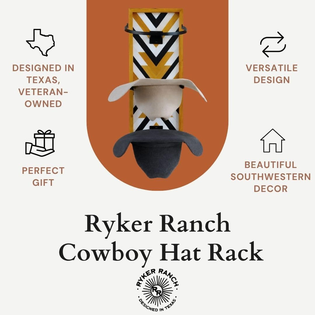 Ryker Ranch Cowboy Hat Rack for Wall | Western Hat Rack for Cowboy Hats | Wood and Metal Cowboy Hat Holder for Wall with Southwestern Style | Cowboy Hat Hanger for Western Decor
