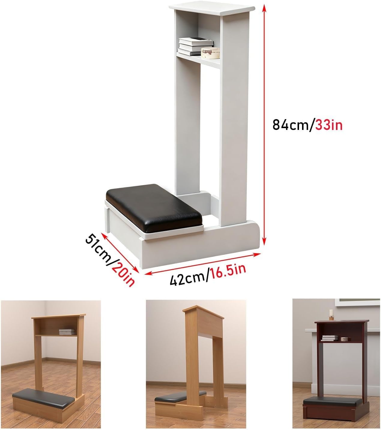 Church Prayer Bench Kneeler Wooden Prayer Kneeler with Book Shelf Prayer Table at Home with Cushion Pad Meditation Stool Kneeling Stool for Church Family(White)