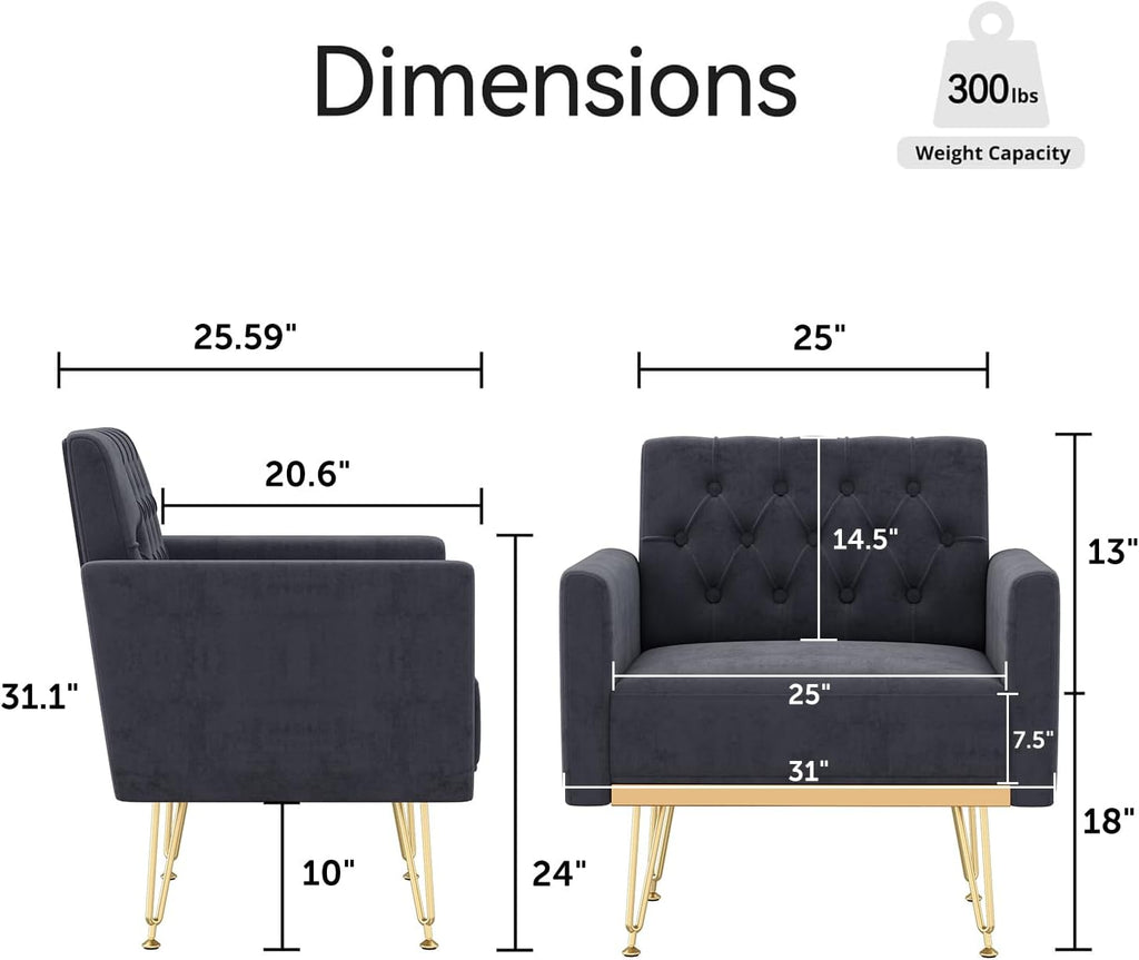 Olela Accent Chair with Arm for Living Room, Velvet Modern Armchair Single Sofa Cozy Tufted Upholstered Reading Side Chairs with Gold Metal Leg for Bedroom Decorate, Black