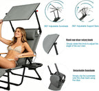 Folding Lounge Chair with Adjustable Canopy, Portable Sun Lounger with 4-Position Reclining Back, Outdoor Chaise Lounge with Arms, Tanning Chair for Beach Poolside Backyard Camping, 440LBS (Gray B)