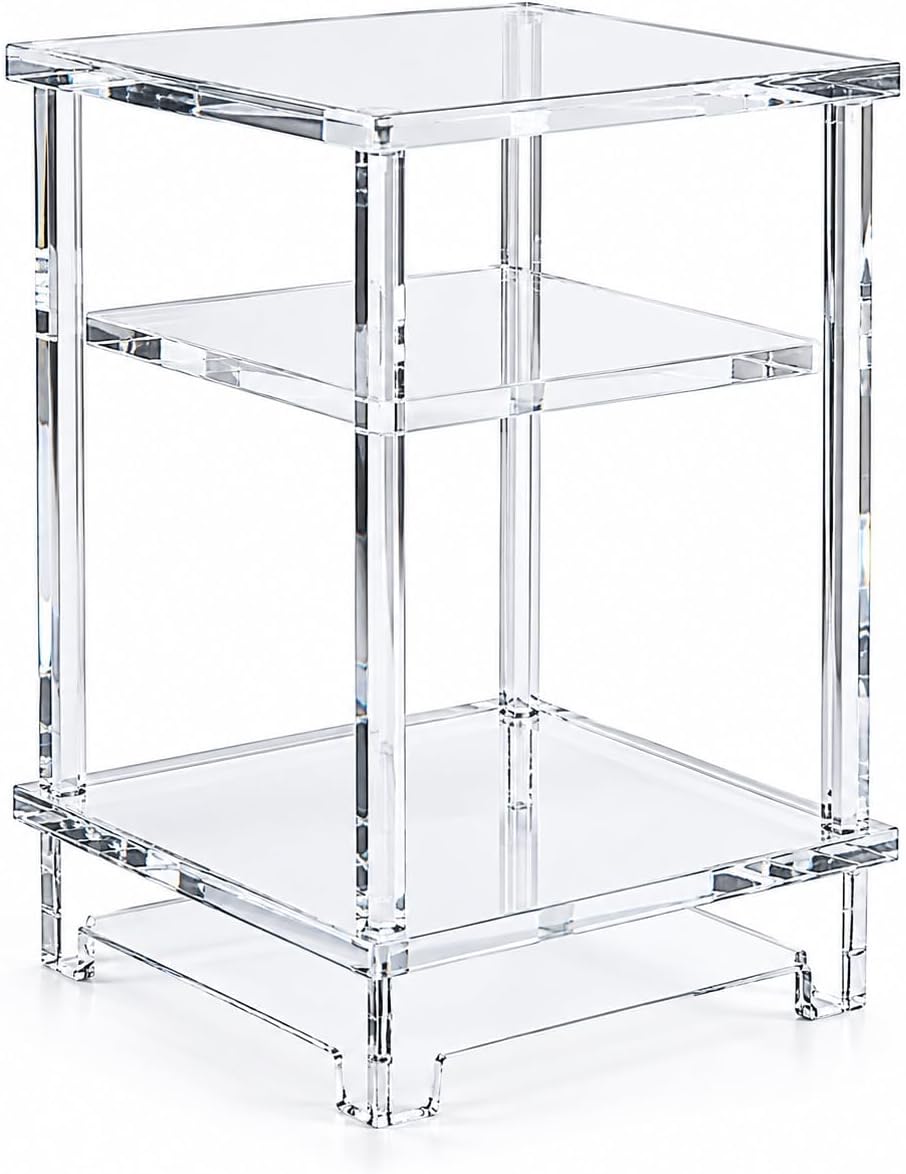 Thick Acrylic Side Shelf Table, 3-Tier Narrow Clear Acrylic End Table Nightstand, Square Transparent Small Coffee Table for Living Room Bedroom Small Space