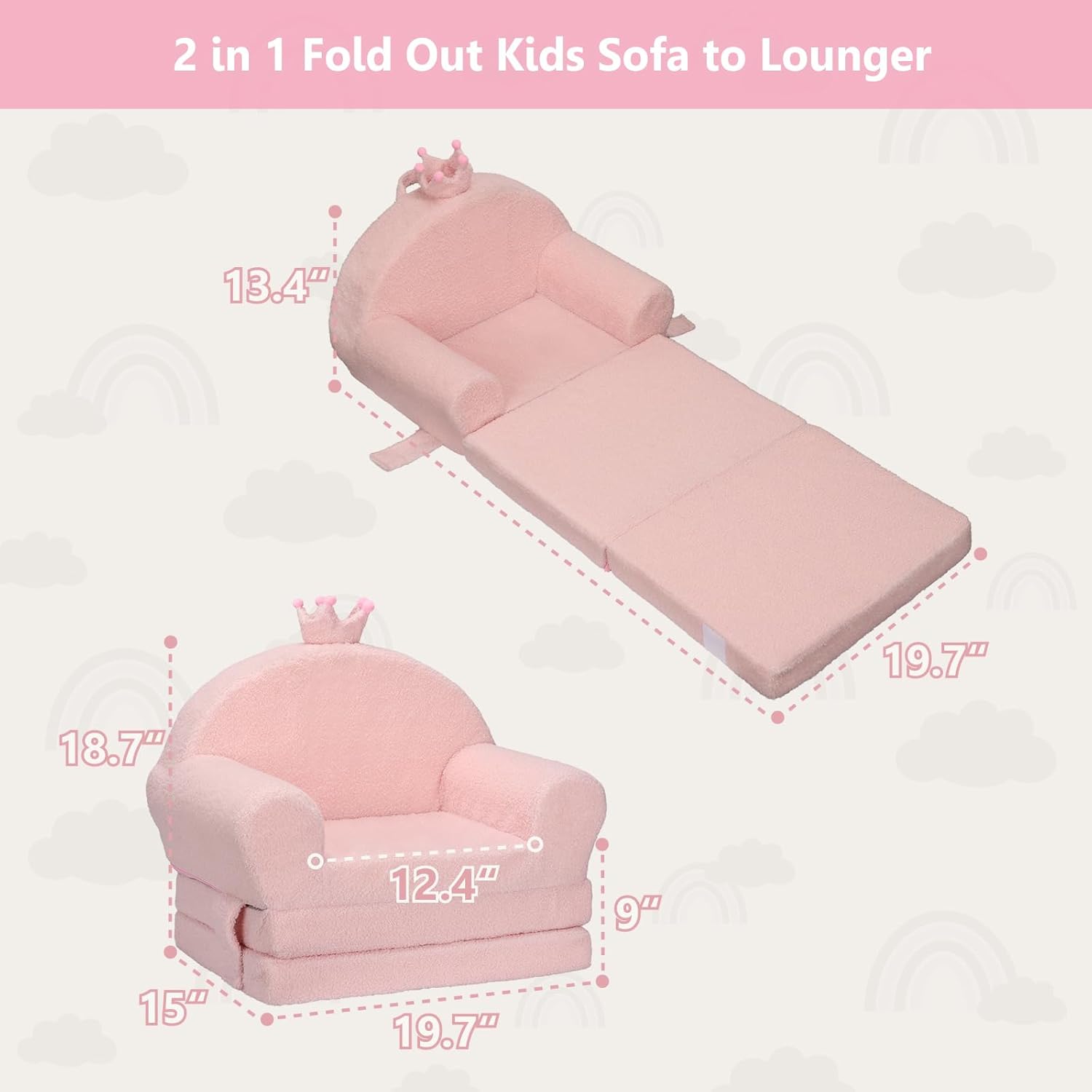 MONKISS Princess Toddler Chairs Comfy, 2-in-1 Fold Out Kids Sofa Bed, Cozy Toddler Couch, Baby Lounge Chair, Soft Mini Couch for Kids, 1-4 Years Old, SF05, Pink Crown