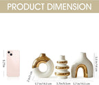 Modern Ceramic Decorative Vase Set of 3 – Minimalist Sculptural Vases for Living Room, Shelf & Table Decor, Nordic Donut Vase Set for Contemporary Home Decor (White and Gold)