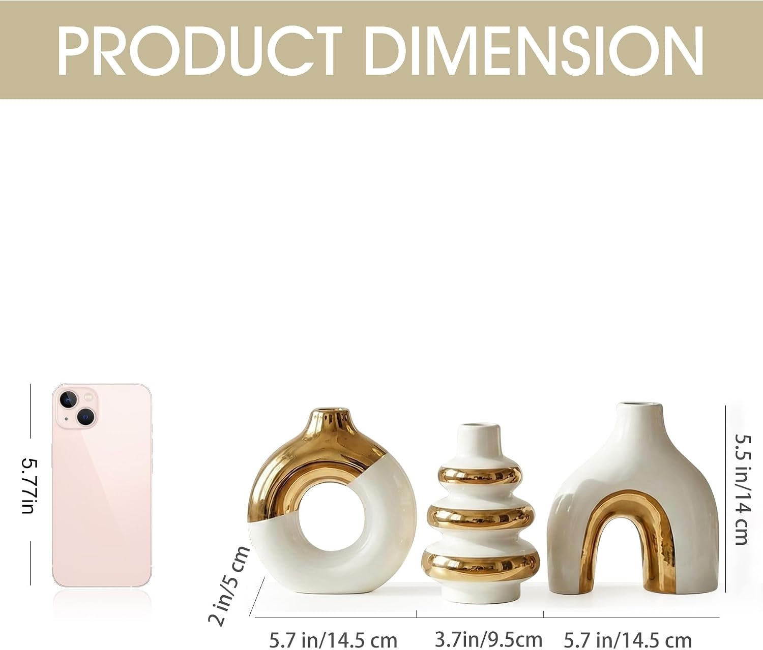 Modern Ceramic Decorative Vase Set of 3 – Minimalist Sculptural Vases for Living Room, Shelf & Table Decor, Nordic Donut Vase Set for Contemporary Home Decor (White and Gold)