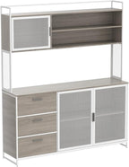 AGOTENI Large Kitchen Hutch Cabinet, Storage Cupboard Pantry with 3 Metal Doors, 3 Drawers & Microwave Shelf, for Kitchen Open Storage, Oak (59" W x 15.7" D x 68.5" H)
