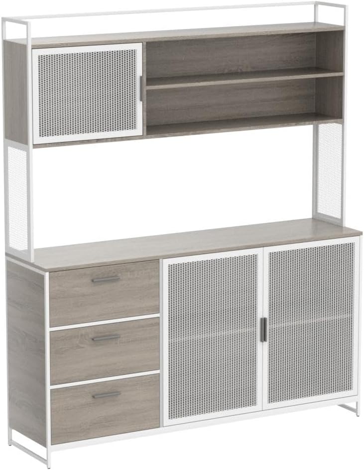 AGOTENI Large Kitchen Hutch Cabinet, Storage Cupboard Pantry with 3 Metal Doors, 3 Drawers & Microwave Shelf, for Kitchen Open Storage, Oak (59" W x 15.7" D x 68.5" H)
