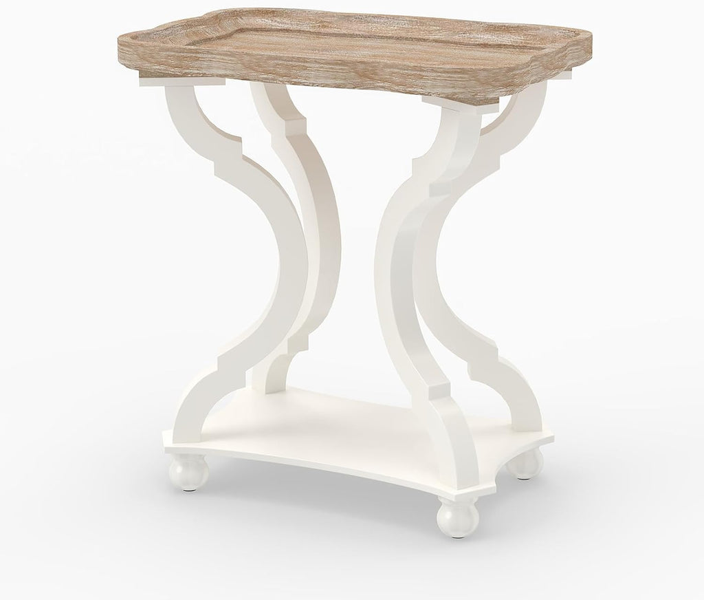 Farmhouse End Table, 24" H Rustic Side Table with Storage Shelf, French Country Distressed End Table for Living Room Bedroom, Cream White