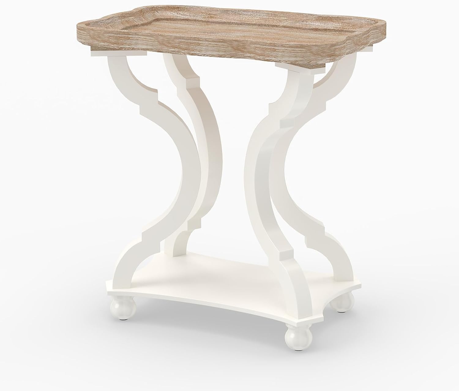 Farmhouse End Table, 24" H Rustic Side Table with Storage Shelf, French Country Distressed End Table for Living Room Bedroom, Cream White