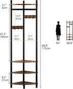 Corner Hall Tree with Shoe Rack and 6 Movable Metal Hooks, Floor Standing Entryway Coat Rack Organizer for Home, Office, or Bedroom – Rustic Brown