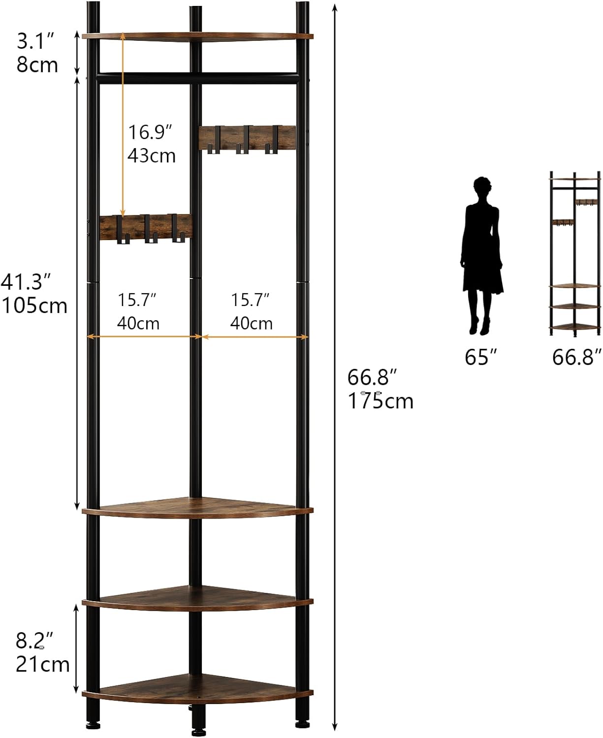 Corner Hall Tree with Shoe Rack and 6 Movable Metal Hooks, Floor Standing Entryway Coat Rack Organizer for Home, Office, or Bedroom – Rustic Brown