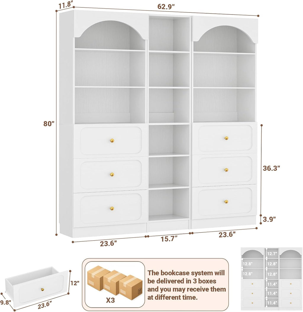 Cyclysio 80" Tall Pantry System with 6 Drawers, Arched Corner Pantries with 12-Tier Open Shelves, Wooden Cupboard Storage Organizer with Baseboard Cutout for Living Room, Kitchen