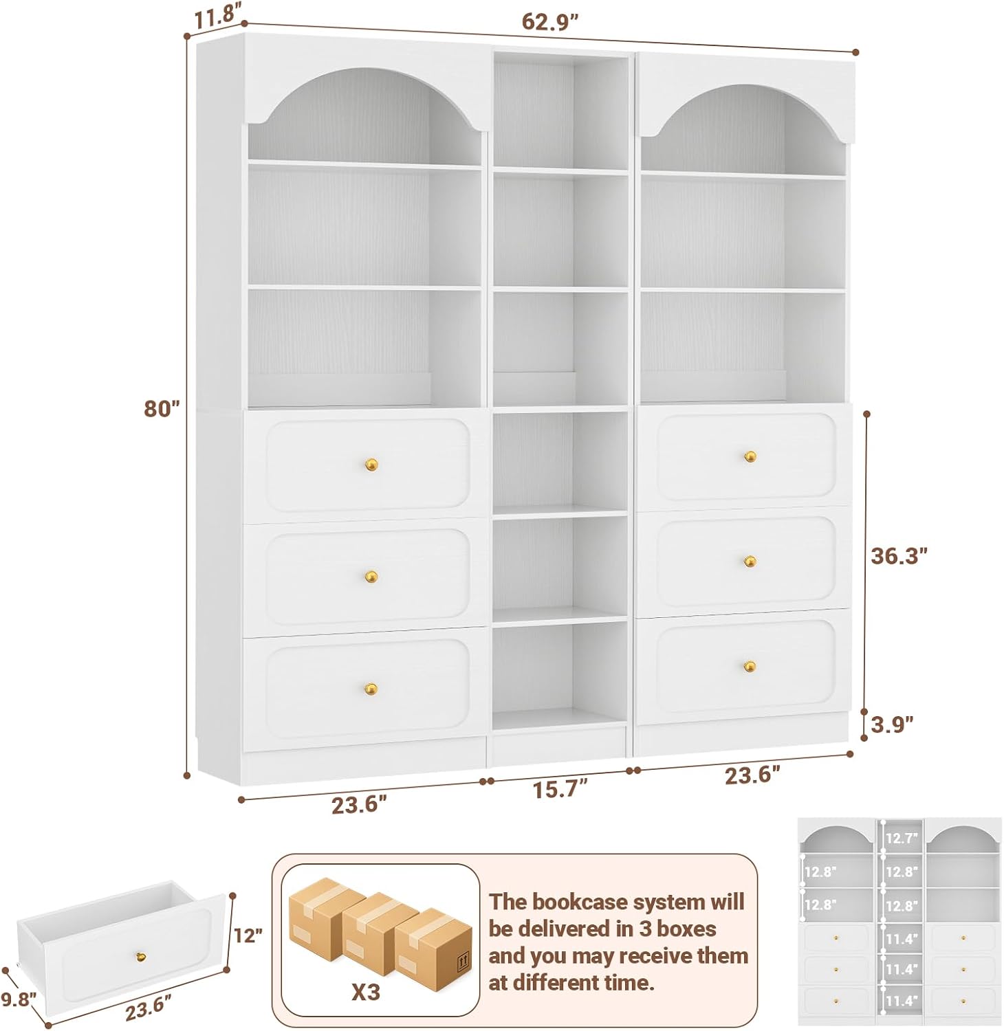 Cyclysio 80" Tall Pantry System with 6 Drawers, Arched Corner Pantries with 12-Tier Open Shelves, Wooden Cupboard Storage Organizer with Baseboard Cutout for Living Room, Kitchen