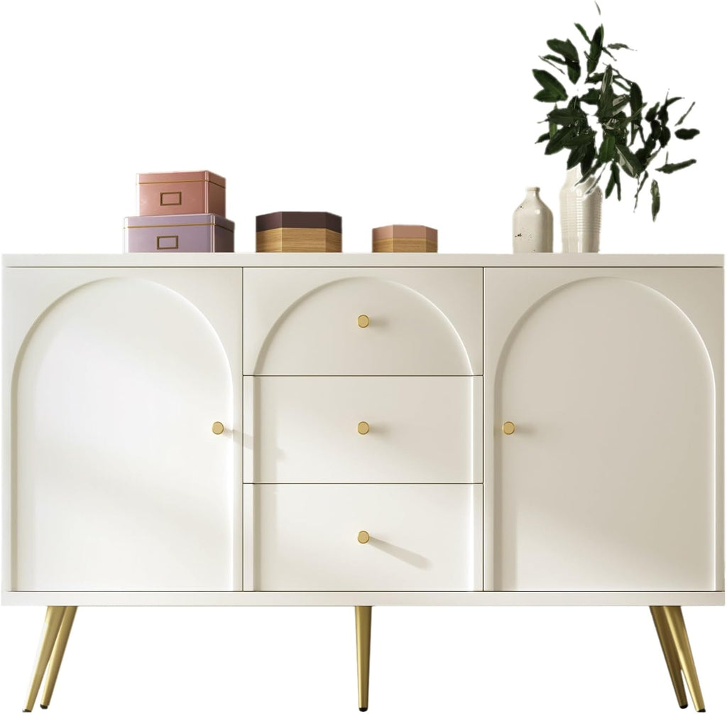 CYJZH Modern Metal Foot Two Door Dining Cabinet, Combining Wood and Metal, Simple Style, Dining/Living Room/Kitchen Storage cabinets, Providing Large Storage Space (2Cream White + MDF)
