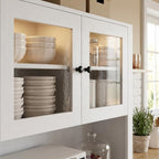 Freestanding Kitchen Pantry Cabinet with Microwave Countertop, Tall Storage Hutch Buffet Cupboard with Adjustable Shelves & Tempered Glass Door, Multifunctional Storage Cabinet for Kitchen Dining Room