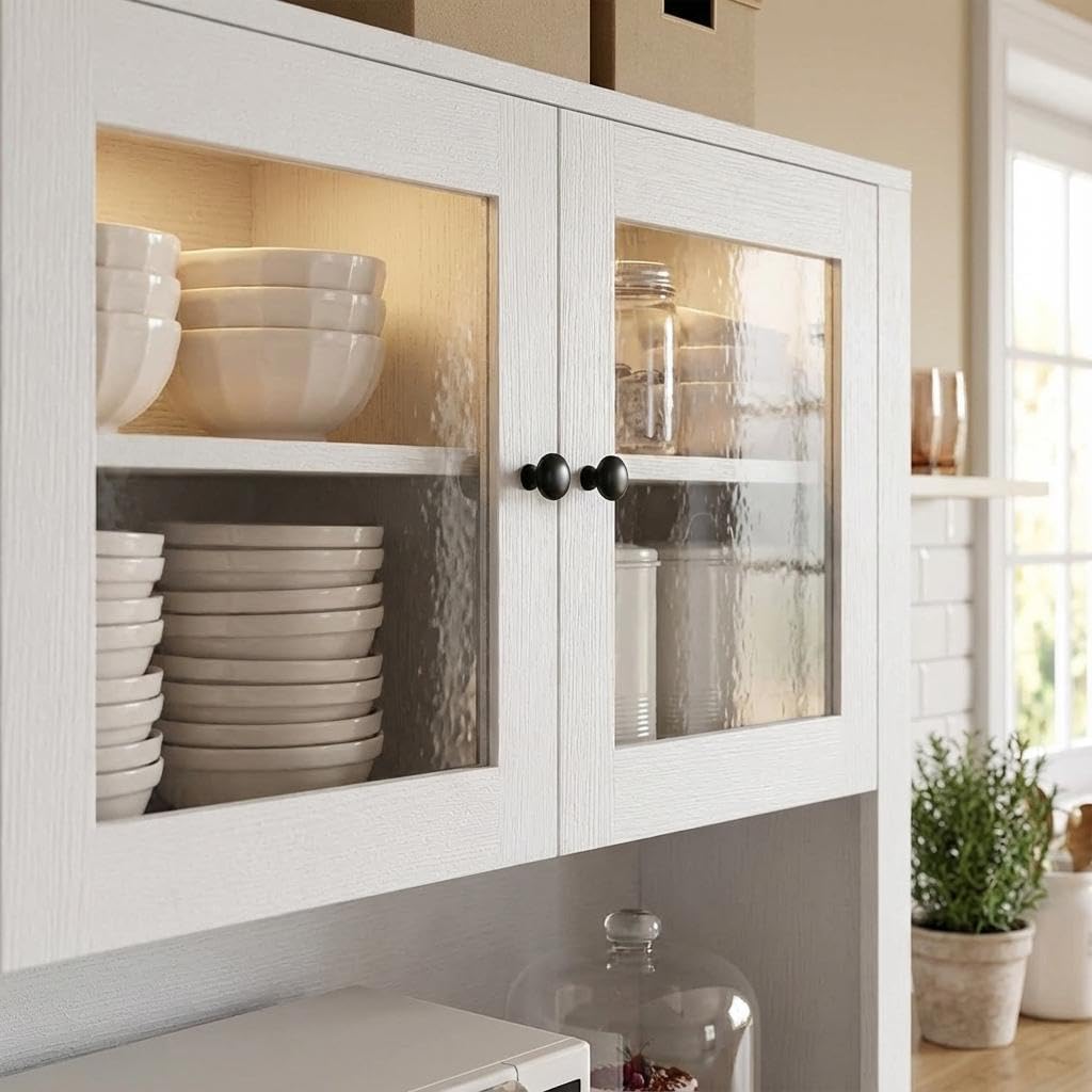 Freestanding Kitchen Pantry Cabinet with Microwave Countertop, Tall Storage Hutch Buffet Cupboard with Adjustable Shelves & Tempered Glass Door, Multifunctional Storage Cabinet for Kitchen Dining Room