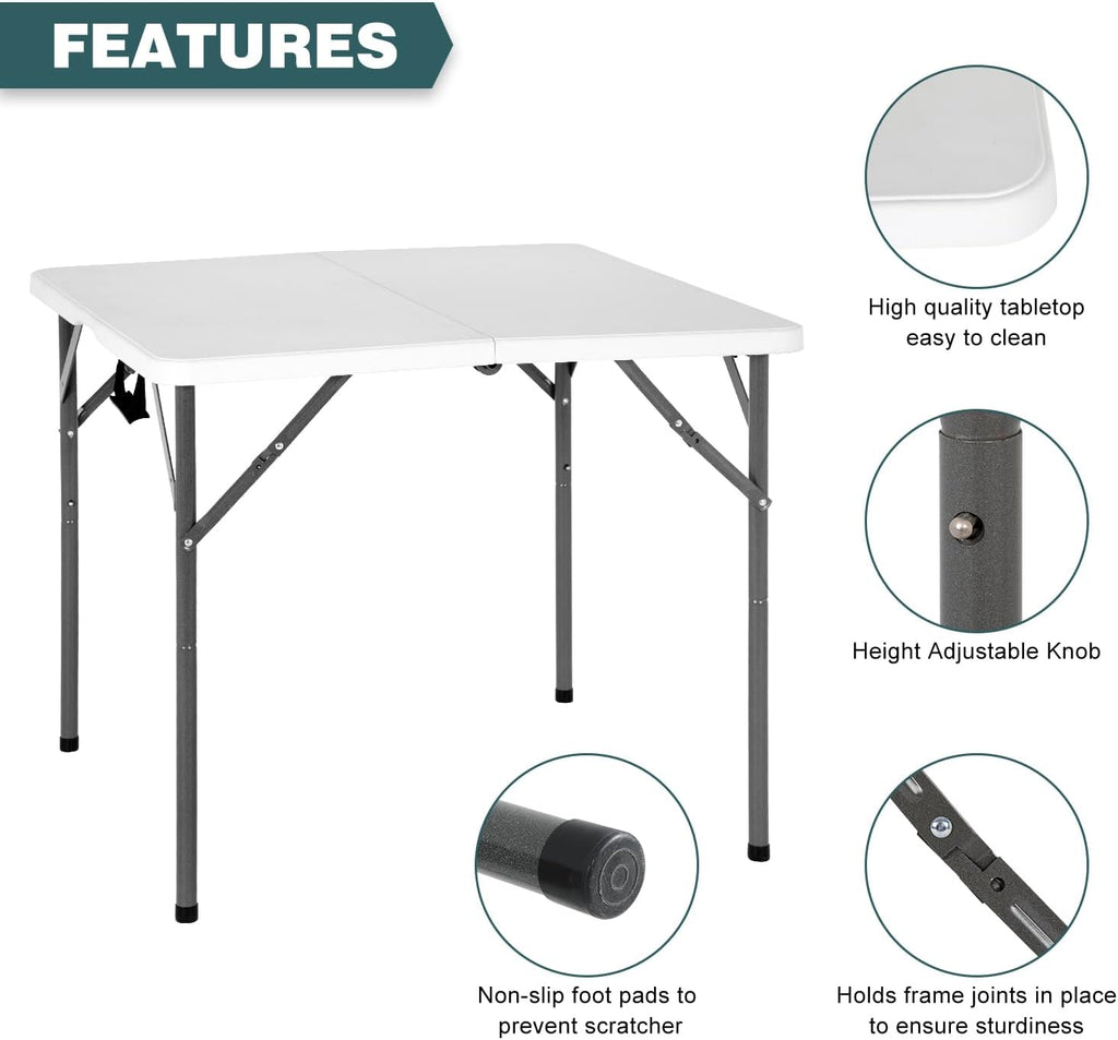 FDW 34" Square Outdoor Dining Table, Foldable Portable Plastic Folding Card Table with Built in Carrying Handle and Height Adjustable for Party and Wedding Use, White