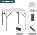 FDW 34" Square Outdoor Dining Table, Foldable Portable Plastic Folding Card Table with Built in Carrying Handle and Height Adjustable for Party and Wedding Use, White