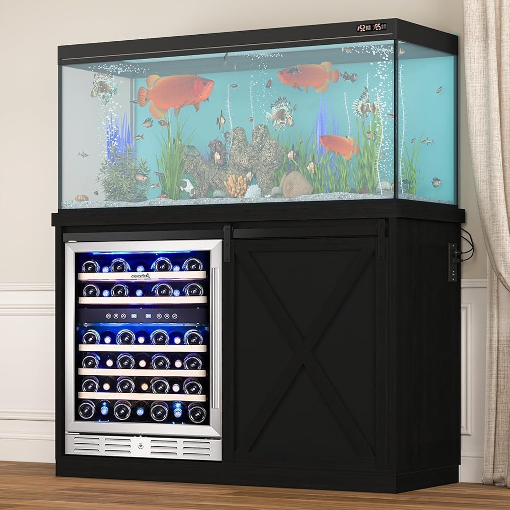 Coffee Bar Cabinet with Mini Fridge Space, 49.2'' Farmhouse Kitchen Buffet Hutch with Power Outlet, Fridge Cabinet with Sliding Barn Door, Wine Rack, Glass Holder for Kitchen Dining Room (Black)