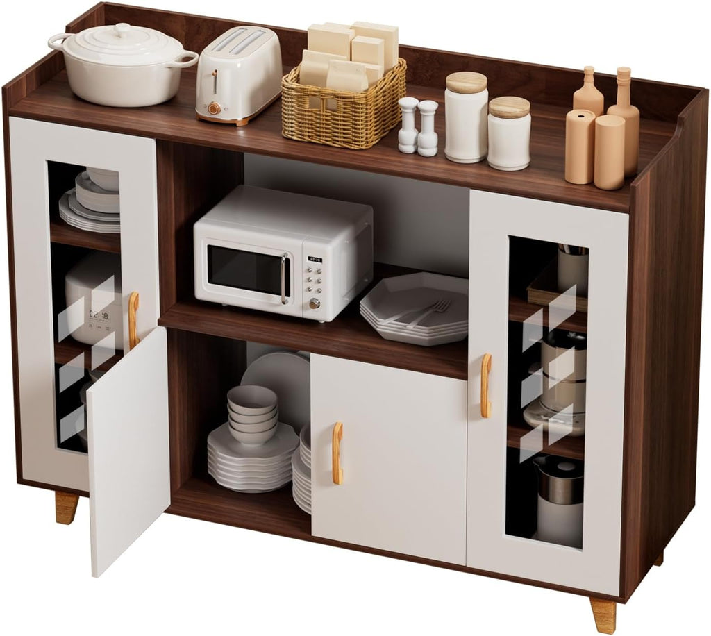 120cm Kitchen Storage Cabinet with 4 Doors & Open Shelf, Wood Grain Buffet Sideboard for Dining Room, Multi-Purpose TV Stand & Coffee Bar Cabinet Brown