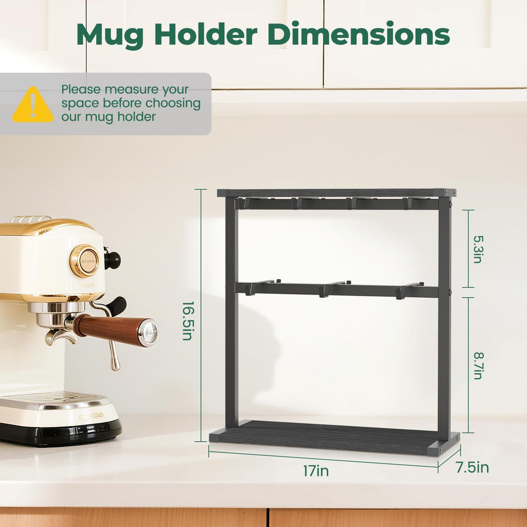 EsLuker.ly Coffee Mug Holder Cup Tree Rack for Countertop, 2 Tier Rustic Wood Coffee Bar Station Organizer Narrow Display Stand for Kitchen Office, Hold 14 Mugs with Sturdy Base, Free Up Counter Space