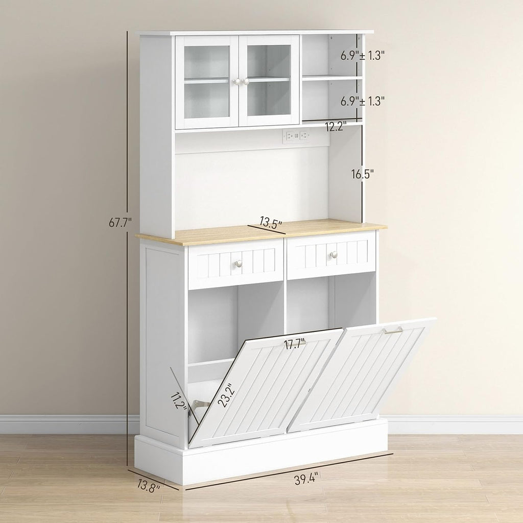 Pantry Storage Cabinet with Charging Station, 2 Tilt Out Trash Cabinets and Microwave Stand, 68" Kitchen Freestanding Kitchen Hutch with Glass Doors and Adjustable Shelf