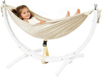 FUNLIO Wooden Hammock with Stand for Kids 3-5 Years (Height < 3.9ft/120cm), Premium Solid Wood Kids Hammock Chair Stand, Stable Structure, Wider & Longer Children Hammock, 220lbs Capacity - White