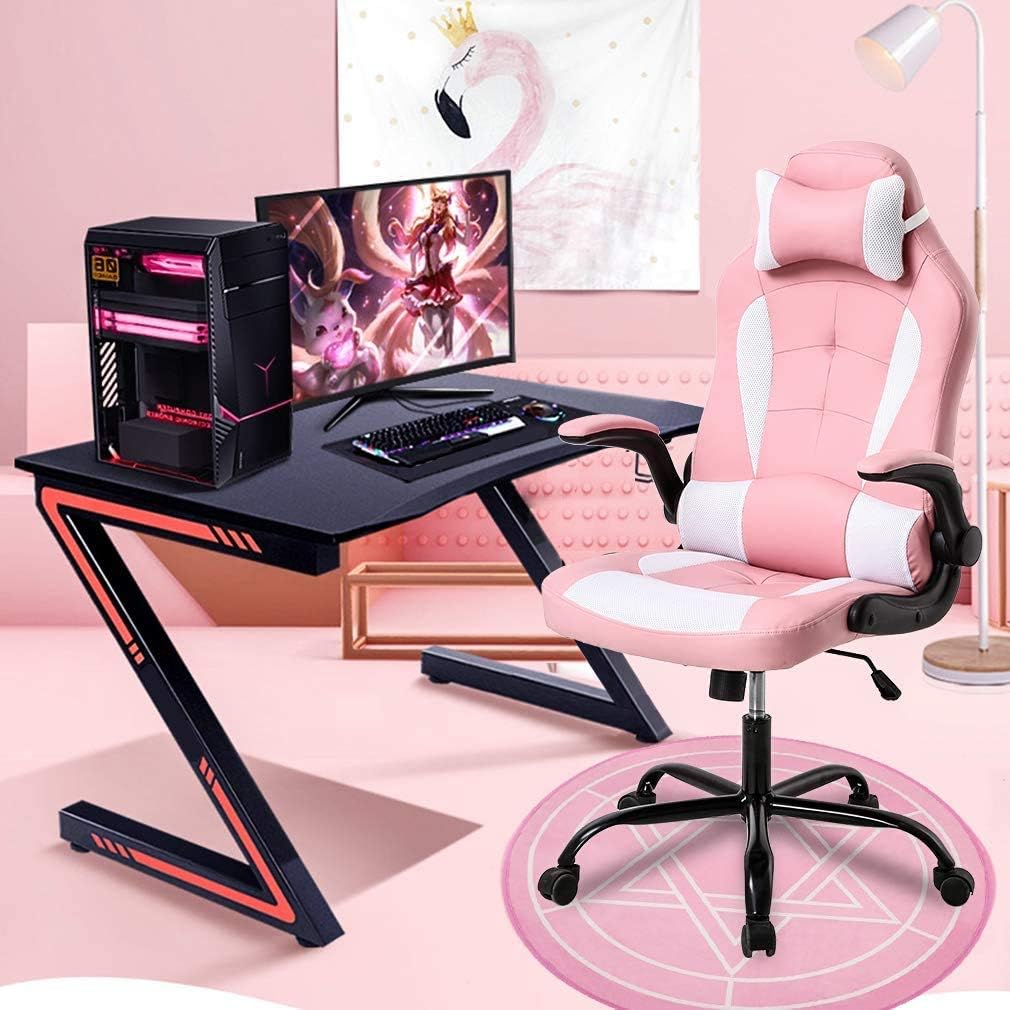 Pink Gaming Chair for Girls & Adults - Ergonomic High Back Office Desk Chair with Adjustable Lumbar Support, Flip-Up Arms & Headrest - PU Leather Swivel Computer Task Chair for Kids & Teens