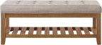 24KF Large Rectangular Upholstered Tufted Linen Fabric Ottoman Bench, Padded Bench with Solid Wood Shelf-Linen
