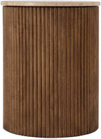 Beaumont Lane Modern Round Side Table, 15" x 19", Travertine Stone Top and Fluted Mango Wood Base, Natural Finish, Durable Accent Table for Living Room or Bedroom