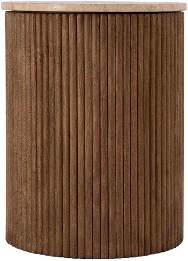 Beaumont Lane Modern Round Side Table, 15" x 19", Travertine Stone Top and Fluted Mango Wood Base, Natural Finish, Durable Accent Table for Living Room or Bedroom