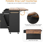 ONBRILL 60" Kitchen Island with Power Outlet & Drop Leaf, Rolling Island with Spice Rack & Towel Rack, Kitchen Island Cart with Trash Storage Cabinet, Island Table for Kitchen, Black+Rustic Brown