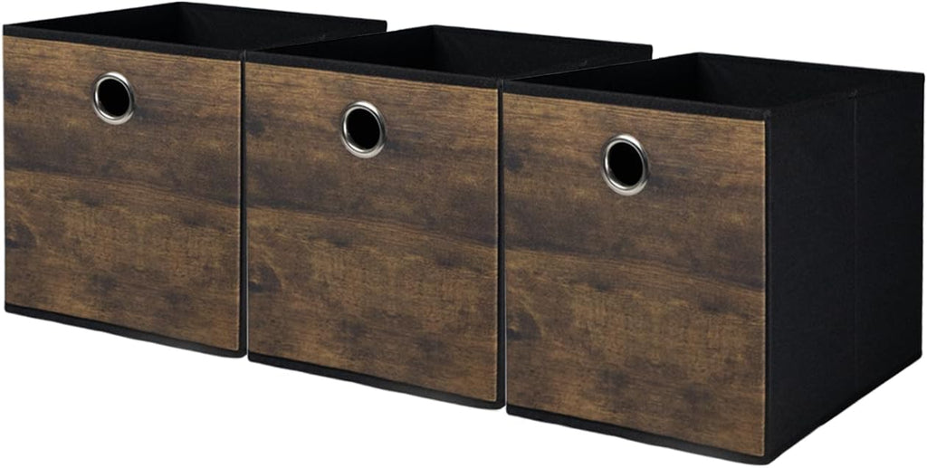 Thickened Fabric Cube Storage Bins with Wood Look,Decorative Storage Cubes Foldable Box,Sturdy Cube Organizer Basket for Shelves,Closet,Home,Office, Nursery,Dorm,Brown with Black,3 Pack (12x12x12in)