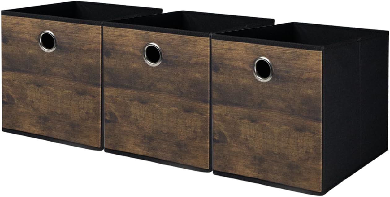 Thickened Fabric Cube Storage Bins with Wood Look,Decorative Storage Cubes Foldable Box,Sturdy Cube Organizer Basket for Shelves,Closet,Home,Office, Nursery,Dorm,Brown with Black,3 Pack (12x12x12in)