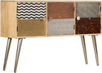 Solid Mango Wood Sideboard with Multicolored Patterns, 3 Compartments Storage Cabinet for Dining Room Living Room Entryway, Modern Furniture with Decorative Inlays and Sturdy