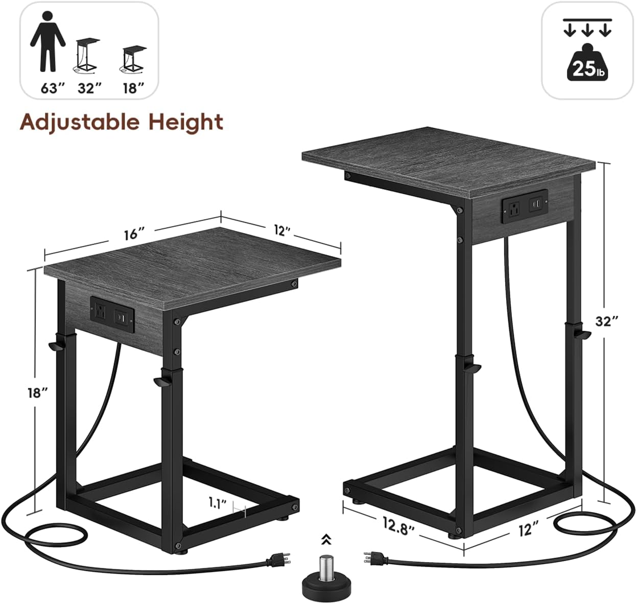 Vagusicc C Shaped End Table with Charging Station, 33" Tall Side Table for Couch, Adjustable Height C Table End Table, Couch Table Slide Under Sofa Table TV Tray Table for Living Room, Gray Walnut