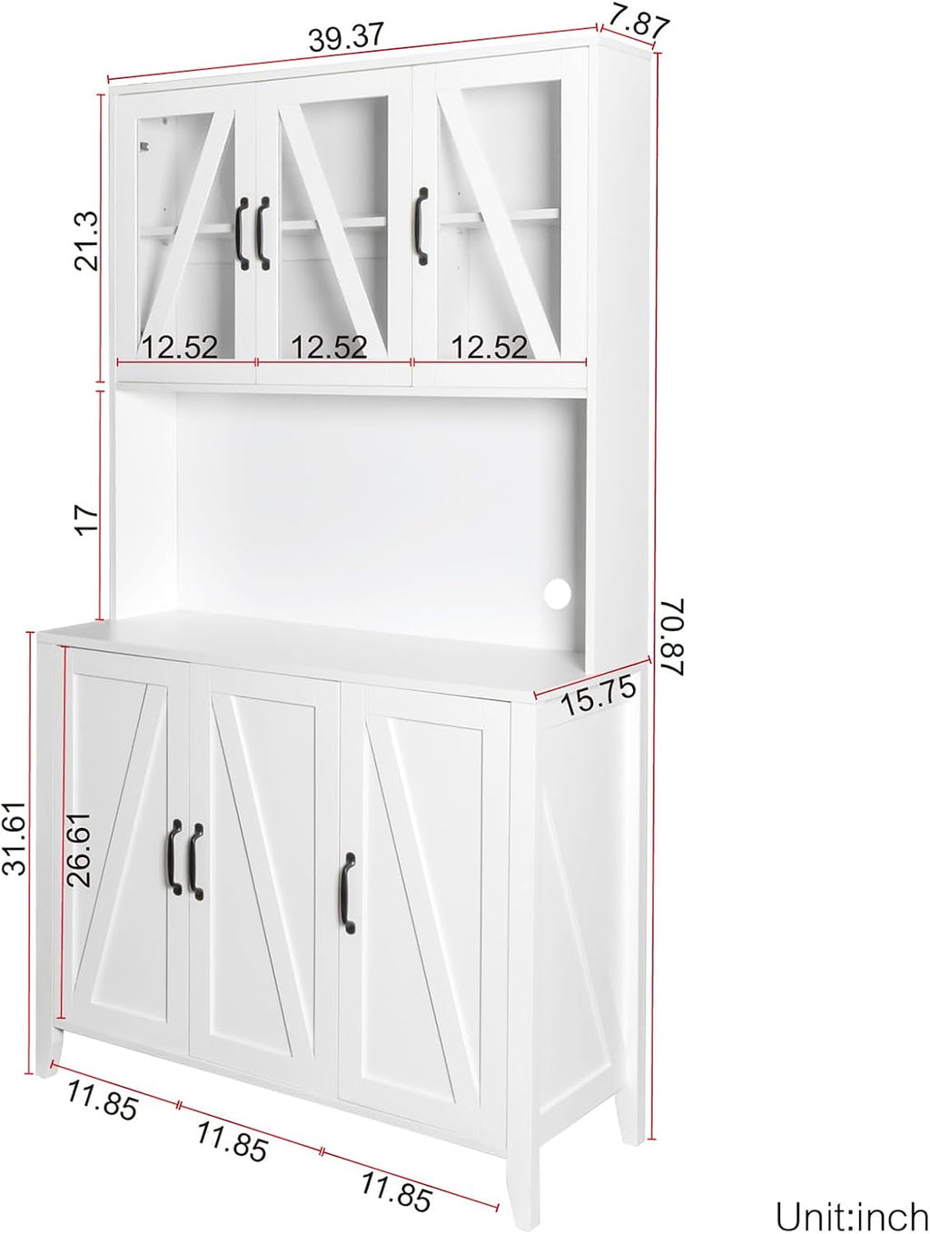 70.87" Kitchen Pantry Cabinet, 39.37" W Kitchen Hutch with Microwave Stand, Wooden Buffet Cabinet with Glass Doors Freestanding Kitchen Cupboard Buffet Cabinet for Kitchen Dining Room, White