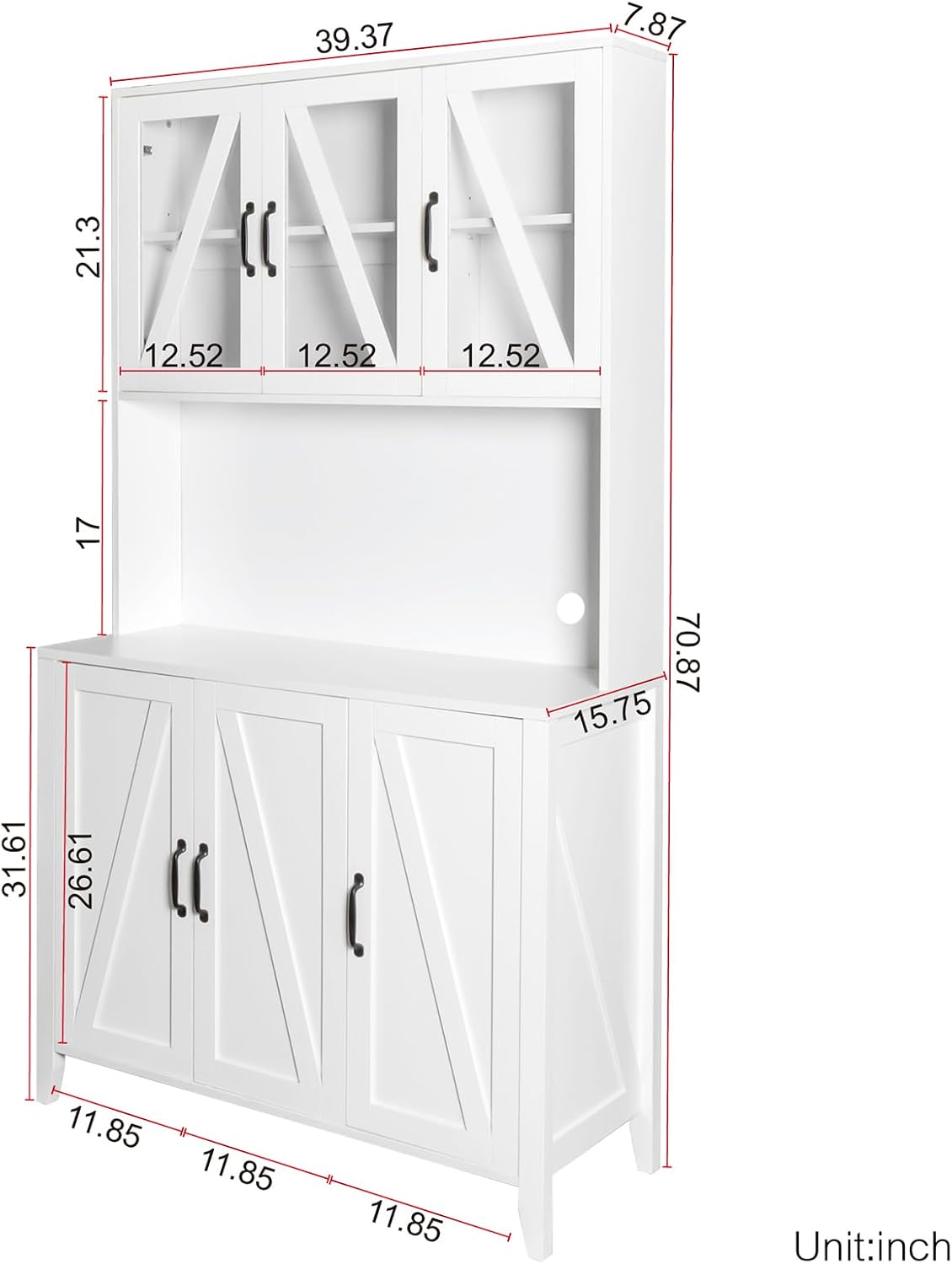 70.87" Kitchen Pantry Cabinet, 39.37" W Kitchen Hutch with Microwave Stand, Wooden Buffet Cabinet with Glass Doors Freestanding Kitchen Cupboard Buffet Cabinet for Kitchen Dining Room, White