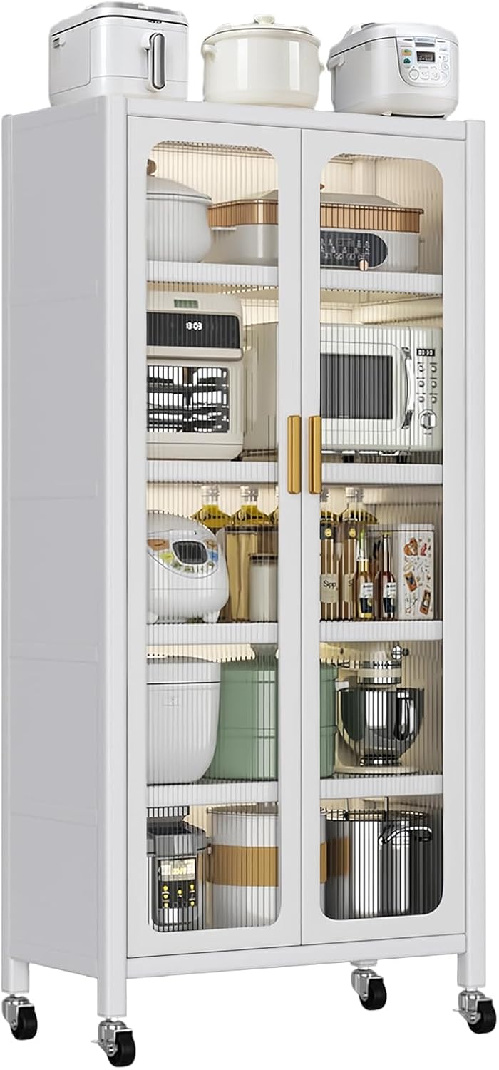 65" Metal Pantry Storage Cabinet with Flip Doors & Pegboard, 6-Tier Steel Kitchen Pantry Hutch with Adjustable Shelves, Anti-Tip Design for Kitchen, Dining Room, Garage (White -Kitchen Pantry)