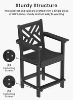 Tall Adirondack Chairs Set of 2, Outdoor 24'' Counter Height Bar Stools with Back and Arms, All-Weather HDPE Patio Tall Chairs for Balcony, Backyard, Garden, Deck (Black)