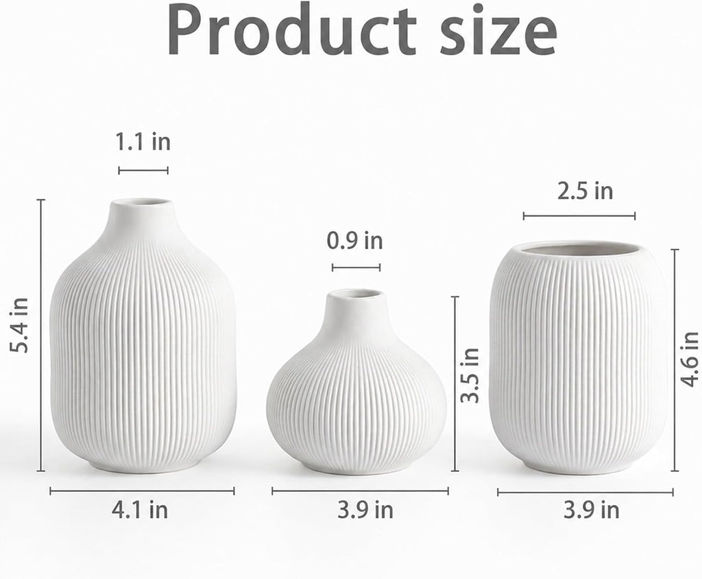 Ceramic Vase Set for Decor, Small Bud Vases, Pastel Decorative Vases for Table, Shelf, Living Room, Kitchen, Nursery, Dorm, (White)