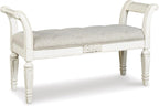 Signature Design by Ashley Realyn French Country Upholstered Tufted Accent Bench with Foam Cushion and Scrolled Arms, Wood Frame, 25.88" High, Antique White