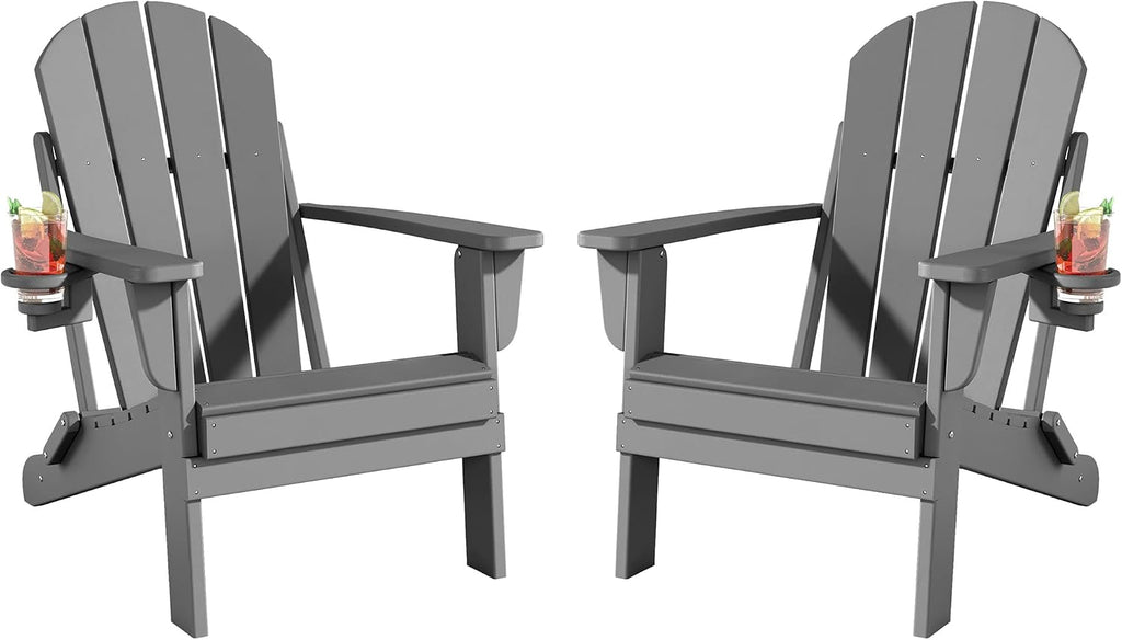 Folding Adirondack Chairs Set of 2, All-Weather Resistant HDPE Patio Firepit Chairs, Sturdy Outside Chairs with Cup Holder, Lawn Chairs, 80% Pre-Installed Load Capacity 385lb, Slate Grey