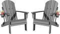 Folding Adirondack Chairs Set of 2, All-Weather Resistant HDPE Patio Firepit Chairs, Sturdy Outside Chairs with Cup Holder, Lawn Chairs, 80% Pre-Installed Load Capacity 385lb, Slate Grey