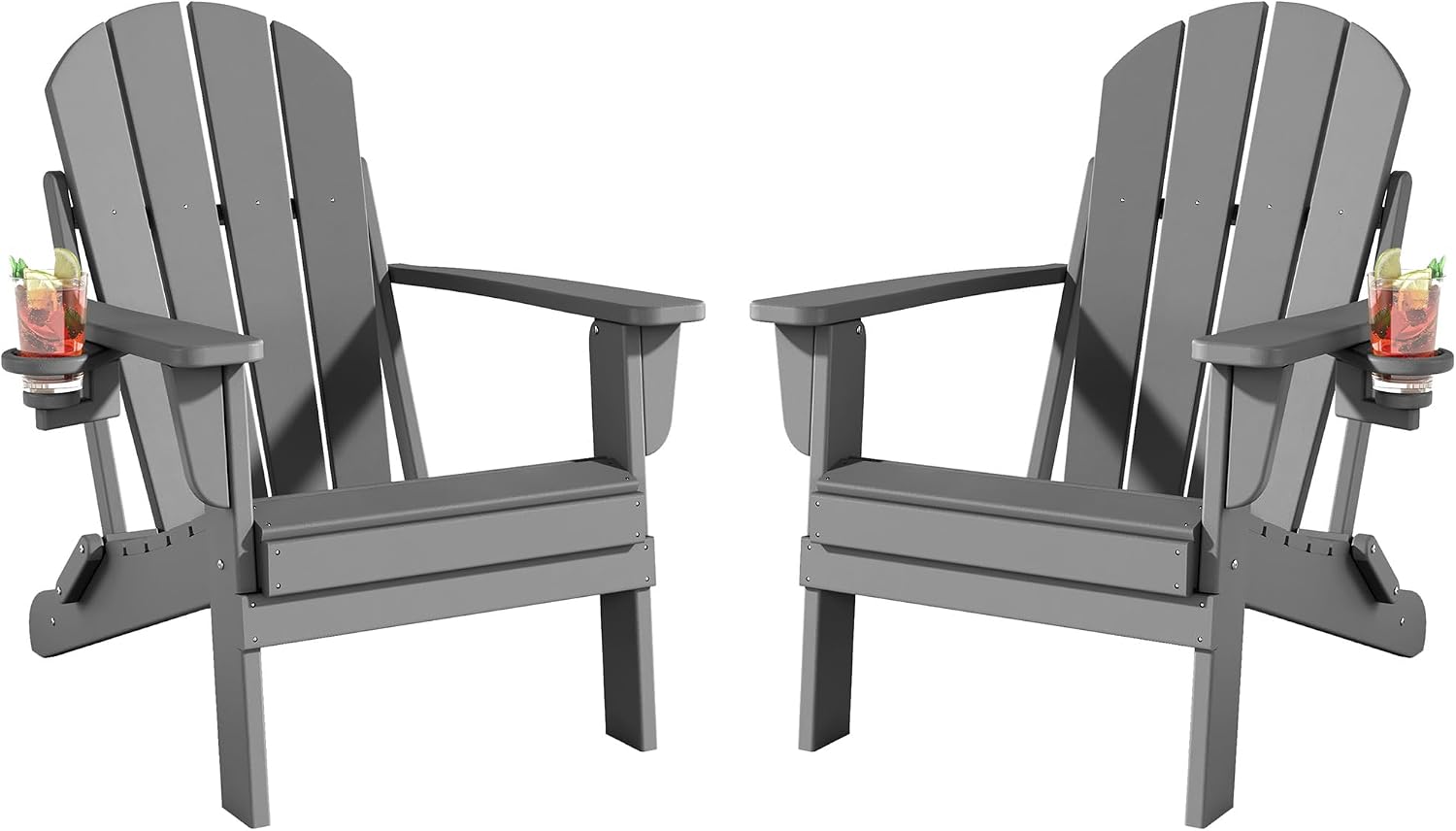 Folding Adirondack Chairs Set of 2, All-Weather Resistant HDPE Patio Firepit Chairs, Sturdy Outside Chairs with Cup Holder, Lawn Chairs, 80% Pre-Installed Load Capacity 385lb, Slate Grey