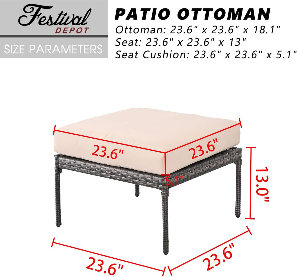 Festival Depot Patio Wicker Ottoman, All-Weather Rattan Sectional Square Footrest Outdoor Furniture with Metal Frame Removable Cushion for Garden Pool Backyard Lawn (Beige)
