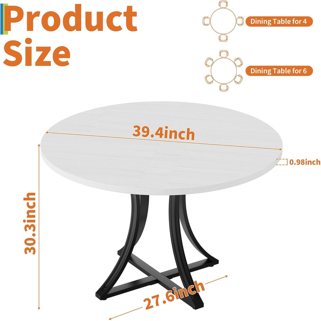 Modern Industrial Round Dining Table 47 Inch, x-Shaped Stable Pedestal, Space-Saving Small Kitchen Table for 4-6 People, Easy to Assemble for Dining Room Living Room,White