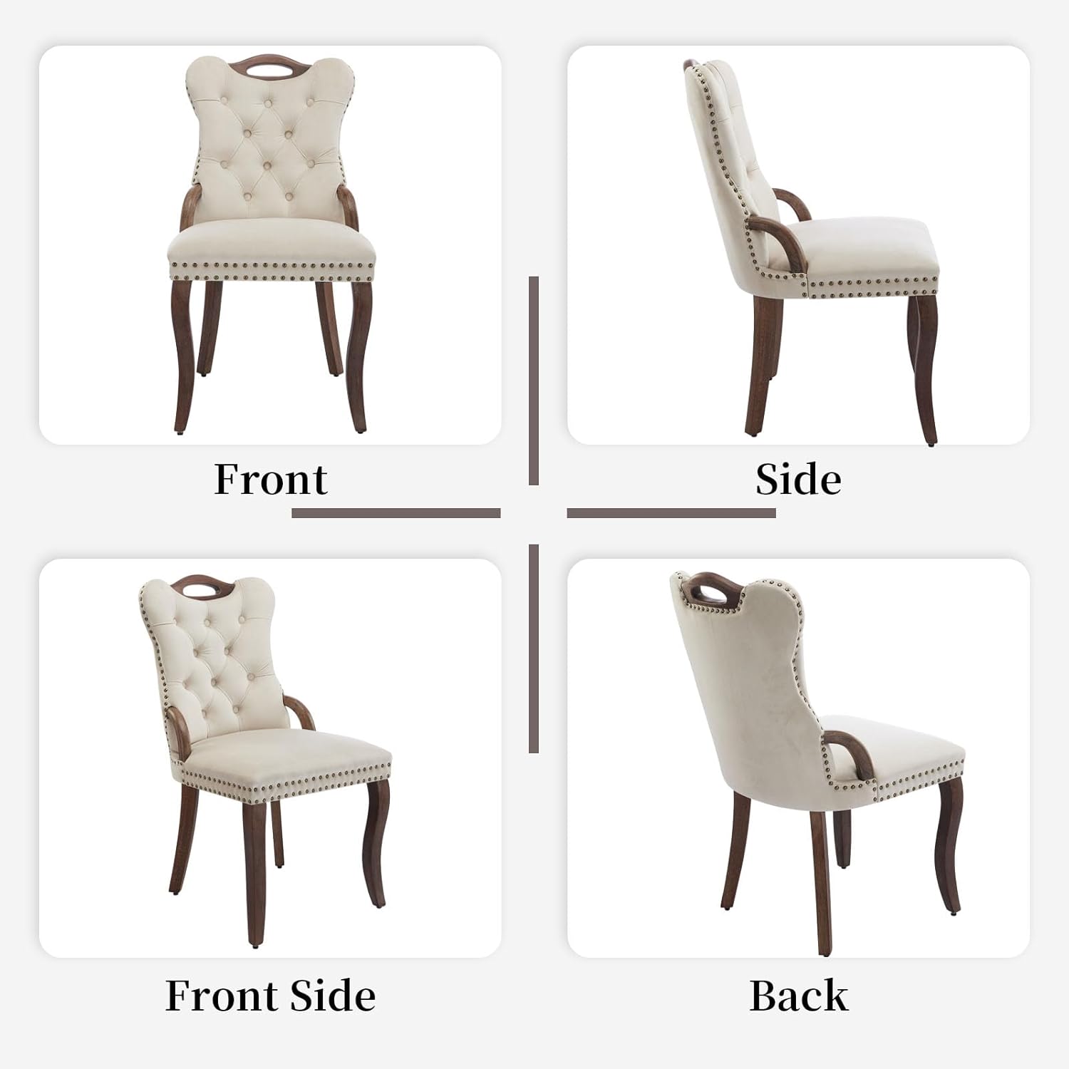 Shenyon Beige Velvet Dining Chairs Set of 6，Modern Upholstered Dining Room Chairs with Tufted Back and Wood Accents, Curved Solid Wood Legs & Nailhead Trim, Sillas De Comedor Modernas 6