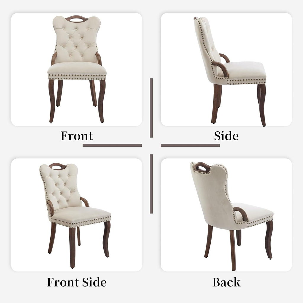 Shenyon Beige Velvet Dining Chairs Set of 2，Modern Upholstered Dining Room Chairs with Tufted Back and Wood Handles, Curved Solid Wood Legs, Sillas de Comedor
